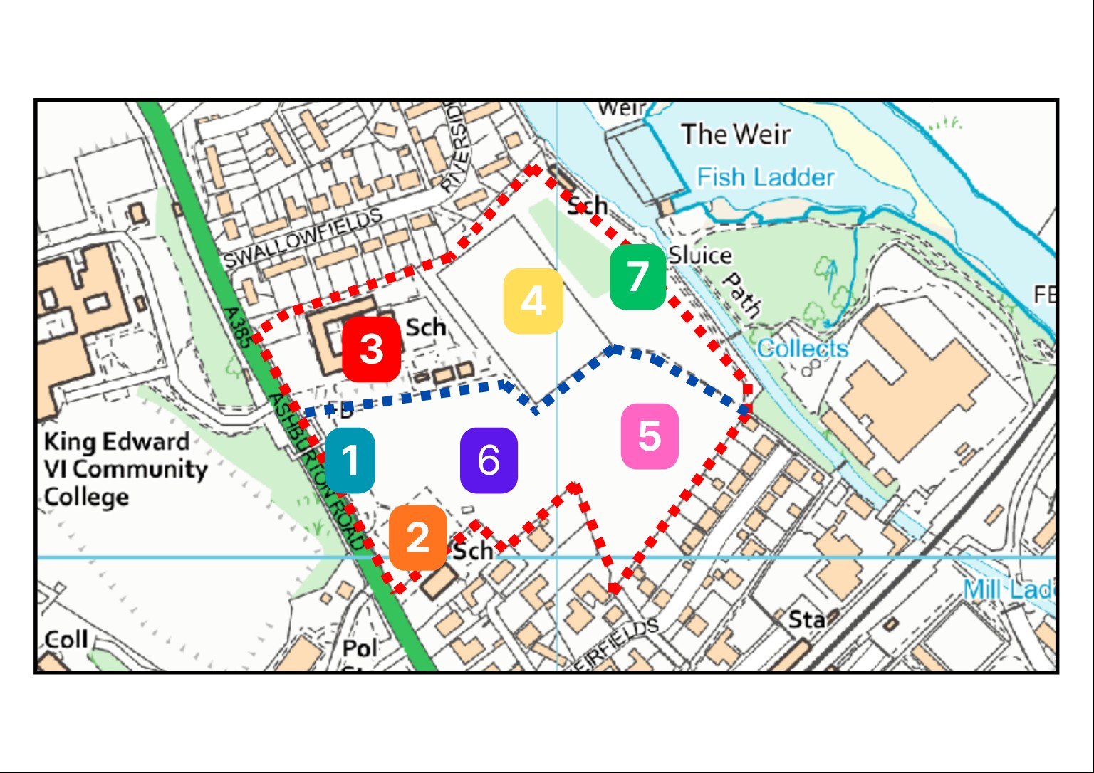 Numbered plan of the Elmhirst site showing Areas 1 to 7
