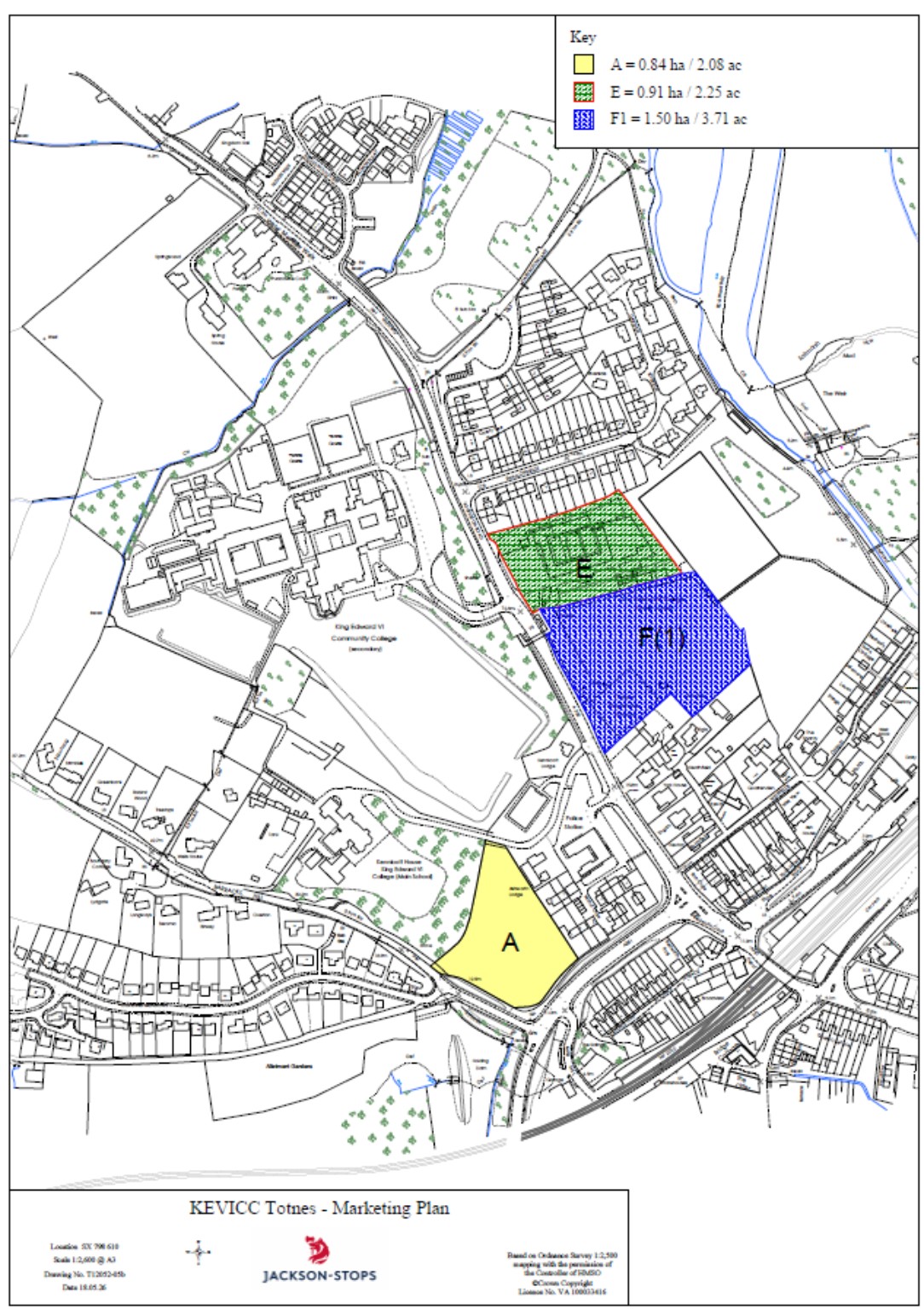 KEVICC marketing plan showing parcels E and F(1) highlighted as the land offered for sale, with parcel A shown separately.